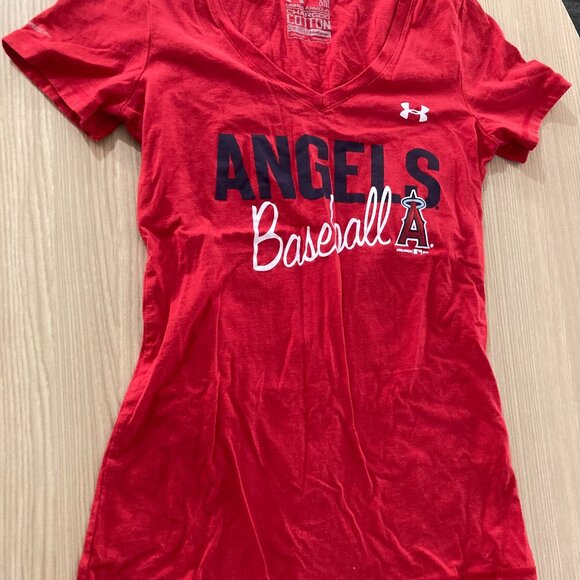 Los Angeles Angels T Shirt Red Womens Small Under Armour Cotton Short Sleeve GUC - Picture 1 of 3